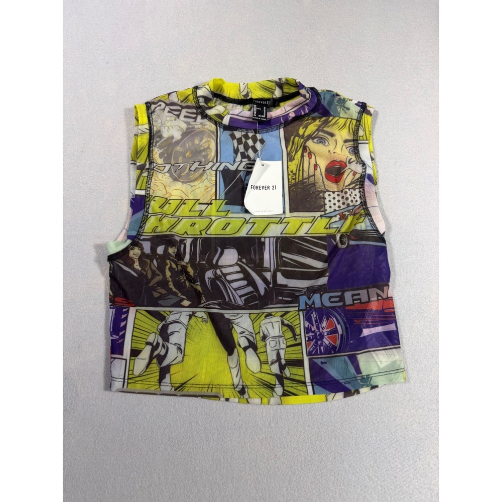 Forever 21 Girls Comic Graphic Mesh Tank Top Full Throttle Racing Crop Medium